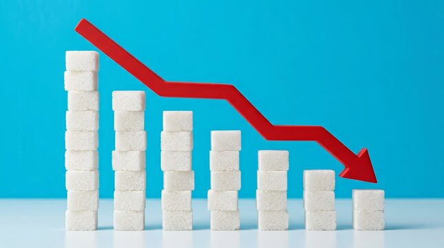 Conceptual image showing a declining trend of sugar consumption to reduce blood sugar.