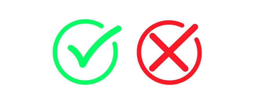 Green check mark and red cross icons inside circles for validation.