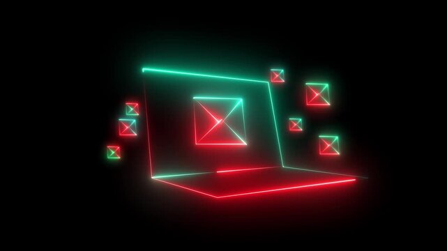 Neon laptop with neon lights in the back. Green screen leptop standing on table 4K video animation and black background.