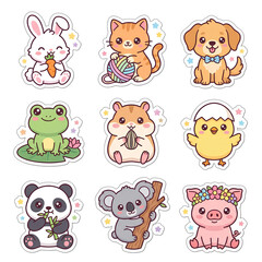 Fototapeta premium A set of nine kawaii animal stickers featuring characters like a rabbit, panda, and pig with white borders for scrapbooking and digital planners.