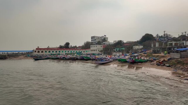 Colorful Boats Moored Along Kanyakumari Shoreline in Tamil Nadu, India