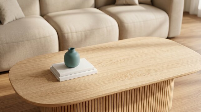 Minimalist living room interior with empty space on a wooden table and lounge sofa.