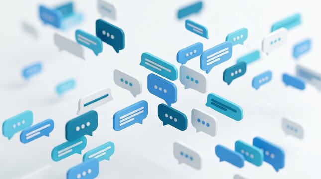 Abstract collection of blue and white chat bubble icons and text message templates.