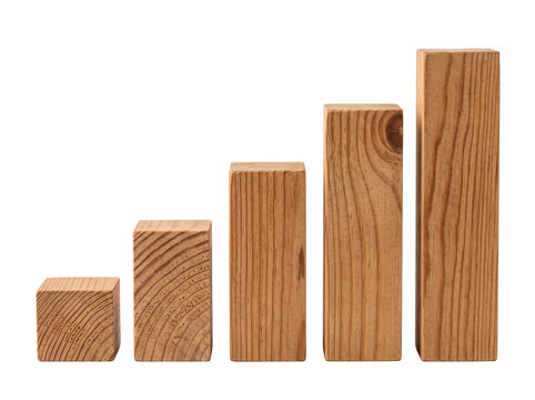 Wooden block bar chart graph showing business growth and financial progress, concept of step by step success, economic development, ascending statistics, career advancement on black background.
