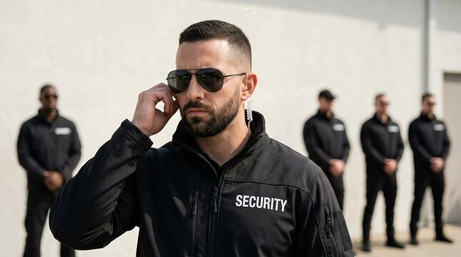 A team of security guards wearing black uniforms for event security.