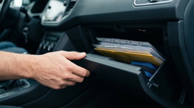 Hand of a person opening a car glovebox compartment.
