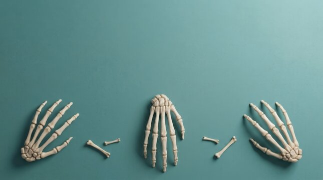 Three human skeleton hands with small bones on a blue background