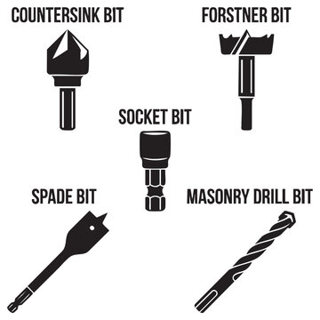 Drill Bit Silhouette Set With Countersink Forstner Spade Socket And Masonry Bits For Construction And Woodworking