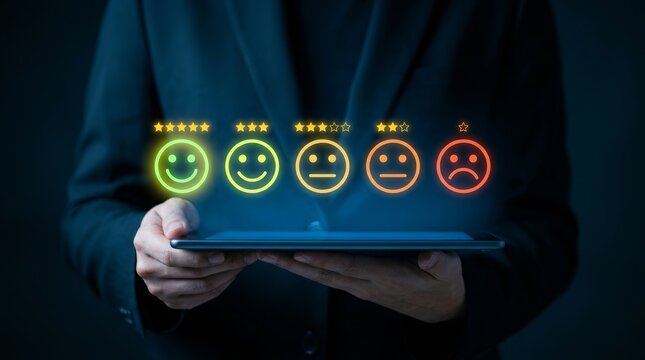 A customer satisfaction feedback concept featuring smiley face icons and star ratings on a tablet.