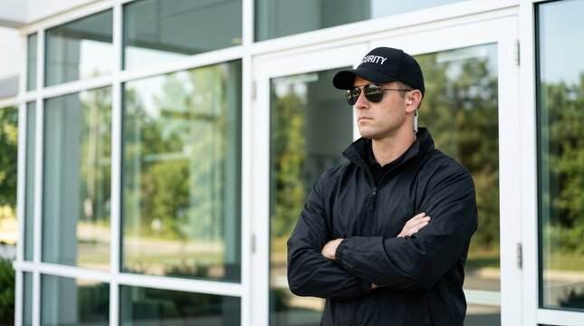 Serious male security guard in uniform monitoring the entrance of a modern building.