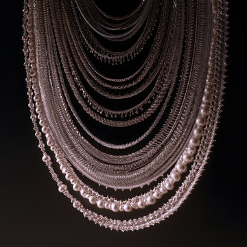 Multiple silver necklaces floating in concentric circles, fine twisted wire inner layer, heavy relief middle layer, ethereal openwork outer layer, visual symphony of Miao wealth craft and aesthetics, 