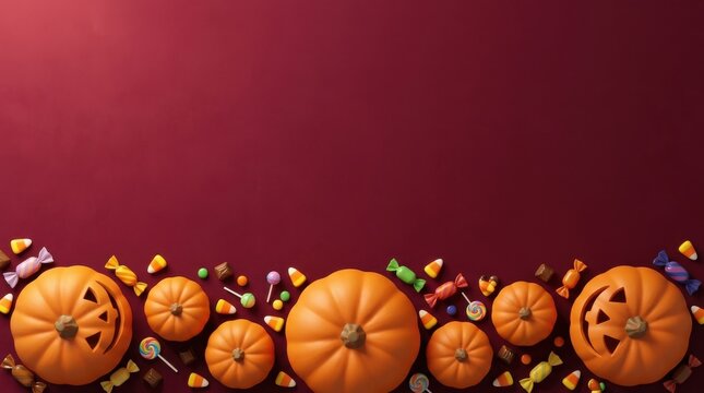 Orange pumpkins and colorful candy on a dark purple halloween background