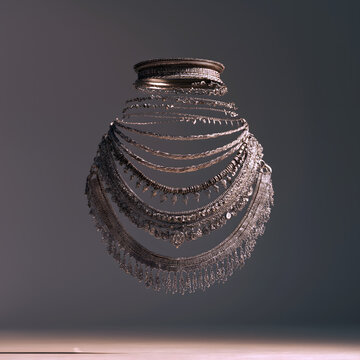 Multiple silver necklaces floating in concentric circles, fine twisted wire inner layer, heavy relief middle layer, ethereal openwork outer layer, visual symphony of Miao wealth craft and aesthetics, 