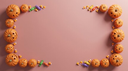 Fototapeta premium Small carved pumpkins and halloween candy frame on a pink background