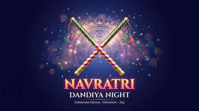 Navratri Dandiya Night Banner with Colorful Dandiya Sticks on Festive Blue Background