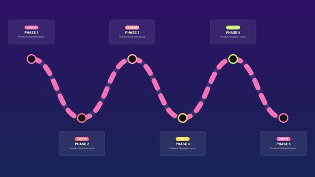 6 Steps Animated Roadmap Infographic Vibrant Magenta Purple Curved Timeline Milestone Process Dark Mode