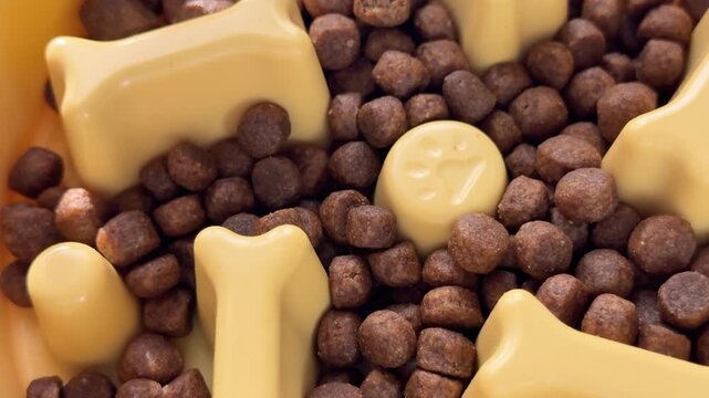 Dog food in a yellow slow feeder bowl