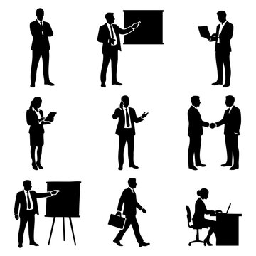 Business people silhouettes set in different poses and situations vector illustration