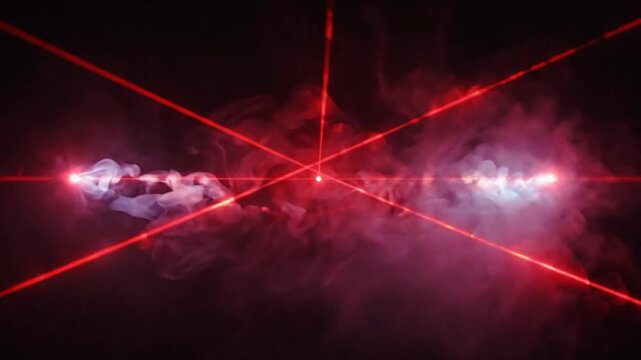 Red laser beams intersecting through white smoke in a dark abstract space