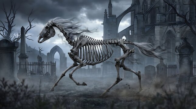 Spectral skeleton horse running through a gothic graveyard