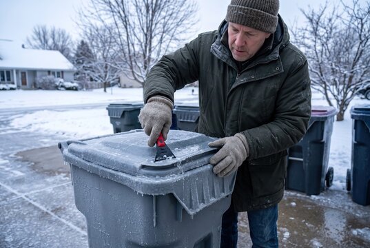 A man is removing ice from a garbage bin in a residential area during winter. Snow covers the ground and trees while the cold weather is evident around him