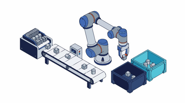 Industrial robotic arm assembly line automation system.