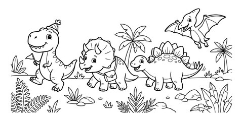 Line drawing depicts various dinosaurs amidst tropical foliage on a black background reptiles triceratops © Md Saiful