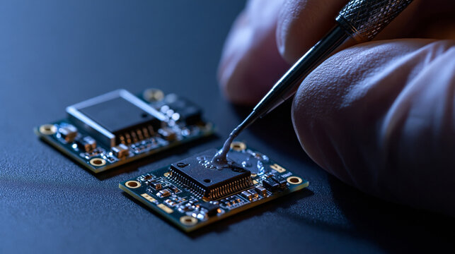 Macro view of applying thermal compound onto an ESC cooling block to prevent power transistor overheating