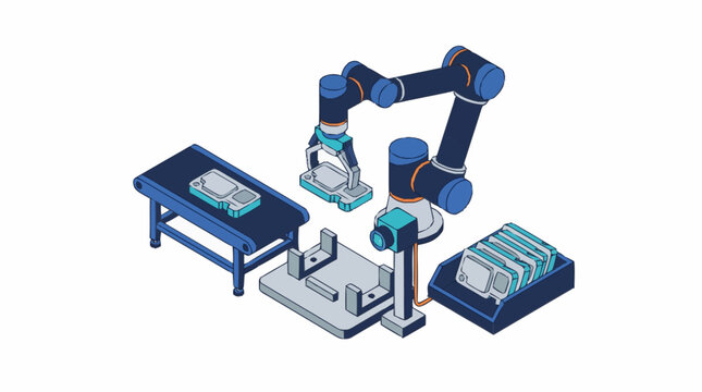 Industrial robotic arm assembly line automation concept.