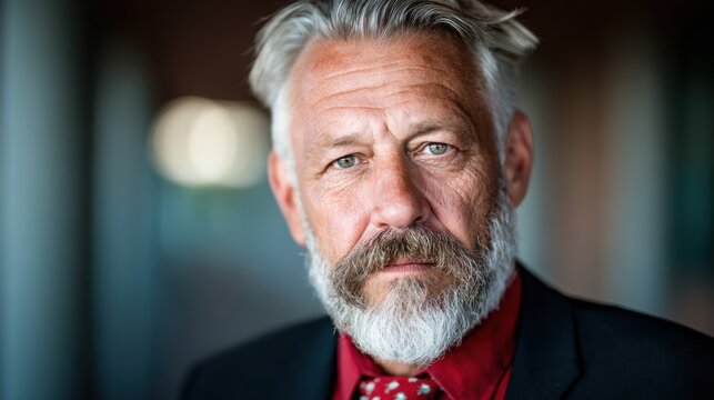 A striking portrait of a confident mature man with a stylish beard and piercing blue eyes, exuding charisma and wisdom in a professional setting highlighting his character.