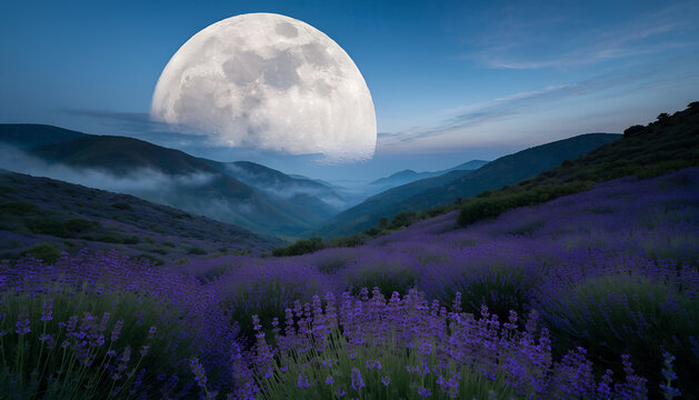 Wild lavender covering rolling mountain slopes beneath a huge moon and thin atmospheric mist.