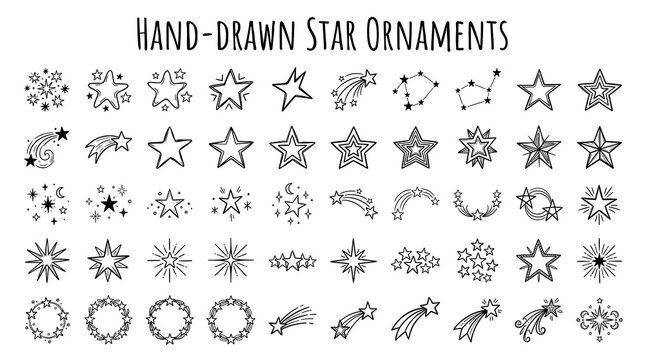 Collection of hand drawn star doodles celestial spark elements black and white outline vector icons