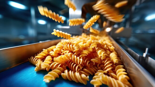 An image capturing vibrant fusilli pasta as it cascades down a processing line, highlighting the art of pasta production and the joy of culinary creativity.