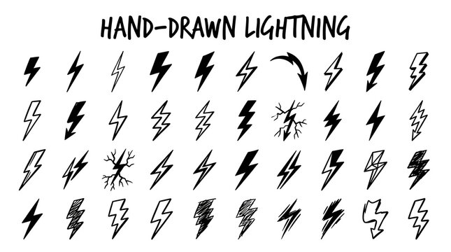 Hand-drawn lightning bolts and flash symbols collection in black and white doodle style