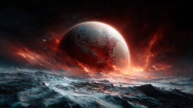 An imaginative cosmic scene depicting a fiery planet amidst swirling galactic elements, evoking a sense of wonder, mystery, and the vastness of the universe.