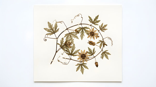Pressed passion flower vine with leaves on white background, dried botanical herbarium art.