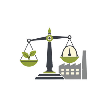 A simple flat vector illustration of a traditional balance scale weighing a small green plant against a grey industrial factory icon, representing carbon offsetting. Perfectly balanced