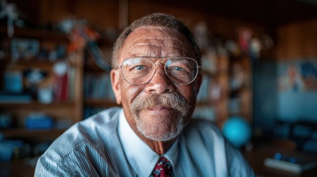 A wise older man with glasses smiling genuinely at the camera in a cozy office filled with books, showcasing knowledge, experience, and a welcoming environment.