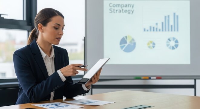 Businesswoman presenting company strategy with charts and tablet in office meeting