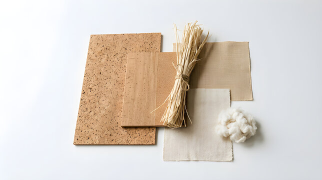Natural sustainable materials including cork, linen fabric, raffia, and raw cotton fibers.