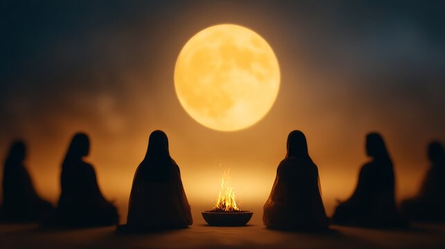 Devotees unite in tranquil festival ceremony beneath full moon with sacred fire illuminating night
