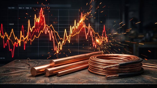 Raw copper pipes and coiled electrical wires on a dark workbench with a glowing stock market chart d
