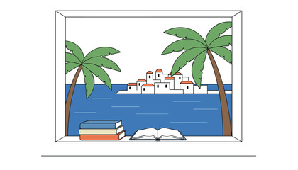 Fototapeta premium Picturesque view through a white window frame showing a Mediterranean island town, palm trees, and books.