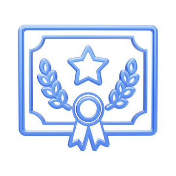 3d glossy blue outline of an certificate with a star and laurel wreath on black background, diploma prize