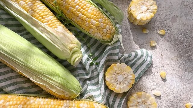 Fresh raw corn on the cob with sunlight