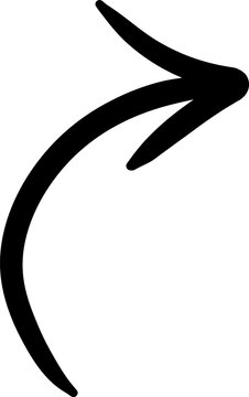 Curved black hand-drawn arrow vector icon. Solid silhouette of a swooping directional pointer for navigation, growth, and dynamic flow designs