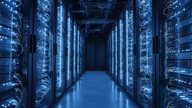 Modern server room corridor with rows of illuminated computer racks and cables