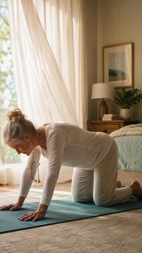 Older woman performs a gentle cat-cow stretch on a yoga mat, shifting from lifted chest and upward gaze toward a rounded, lowered posture beside sunlit sheer curtains in a calm bedroom