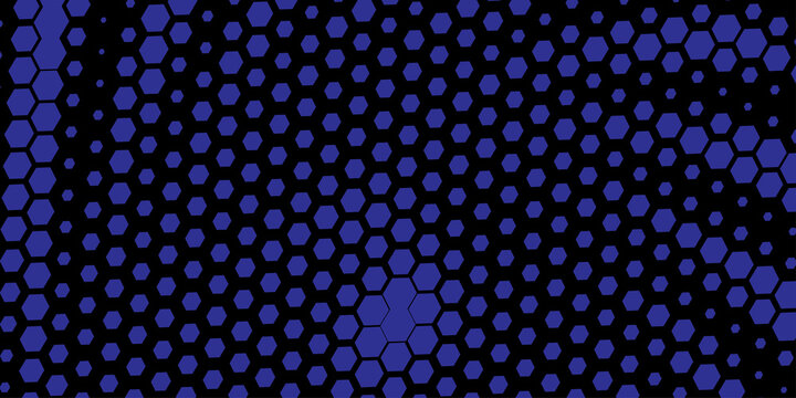 Hexagonal grid halftone pattern smooth blurred fluid texture ultra wide 32:9 aspect ratio navy blue vector abstract background. Hexagon half tone ultrawide format futuristic high-tech abstraction
