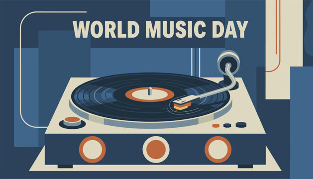 World Music Day celebration banner featuring a vintage vinyl record player spinning on a stylish retro turntable background.